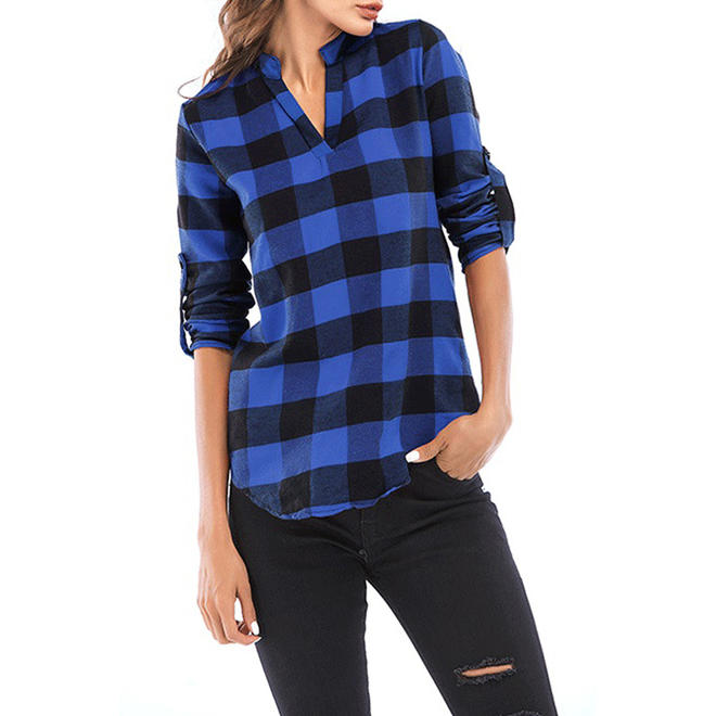 Women Collar Neck Folded Sleeve Plaid Shirt