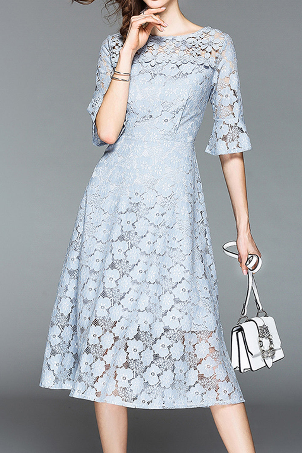 Women Summer Lace Up Boat Neck Half Sleeve Dress