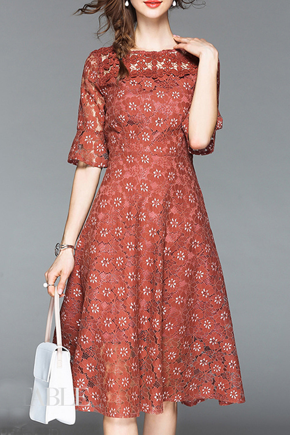 Women Summer Lace Up Boat Neck Half Sleeve Dress