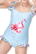 Kids Girls One Piece Flamingo Decorated Striped Pattern Sleeveless Swimwear