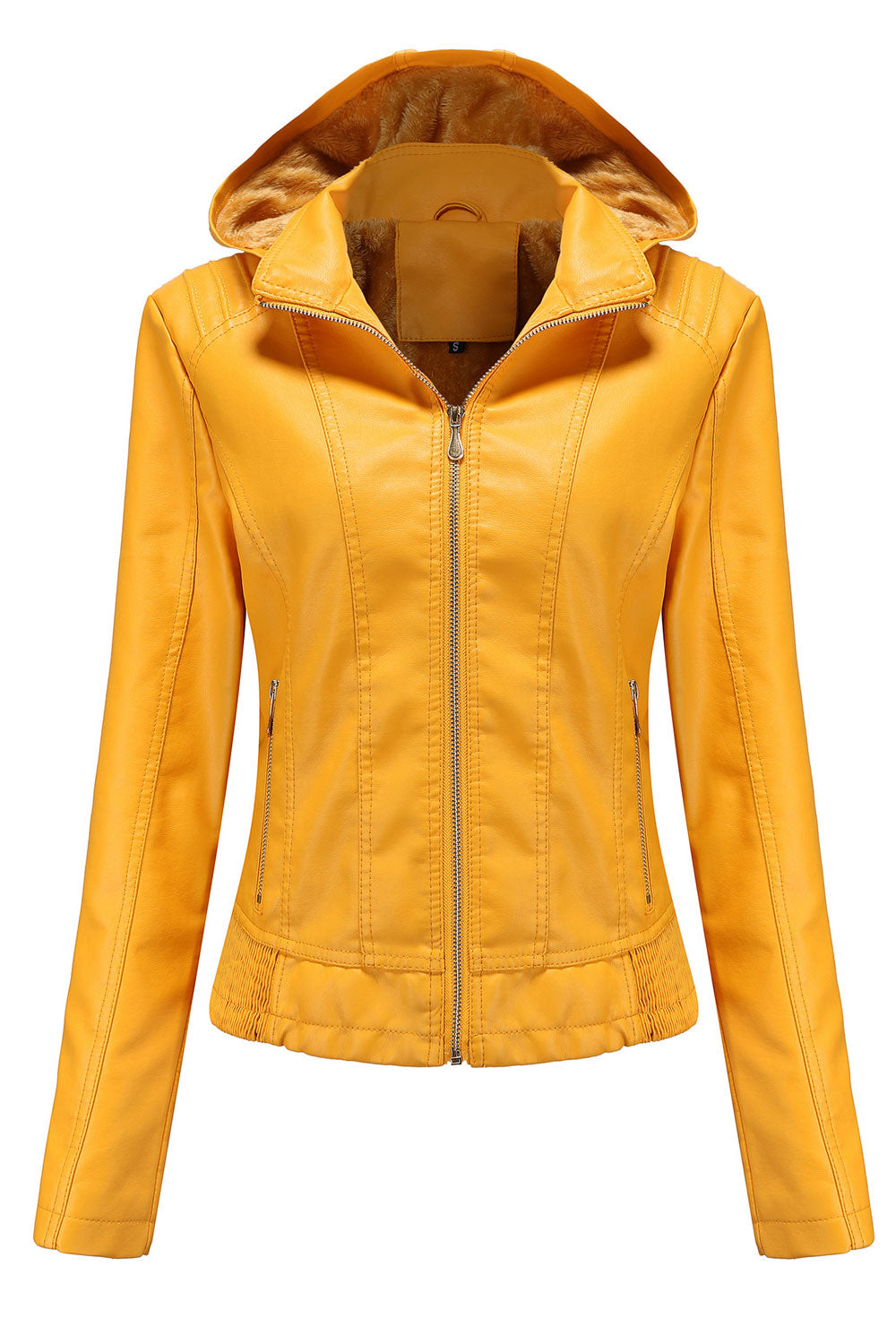 Women Captive Hooded Collar Neck Zippered Fastener & Side Zippered Pocket Slim Warm Winter Leather Jacket