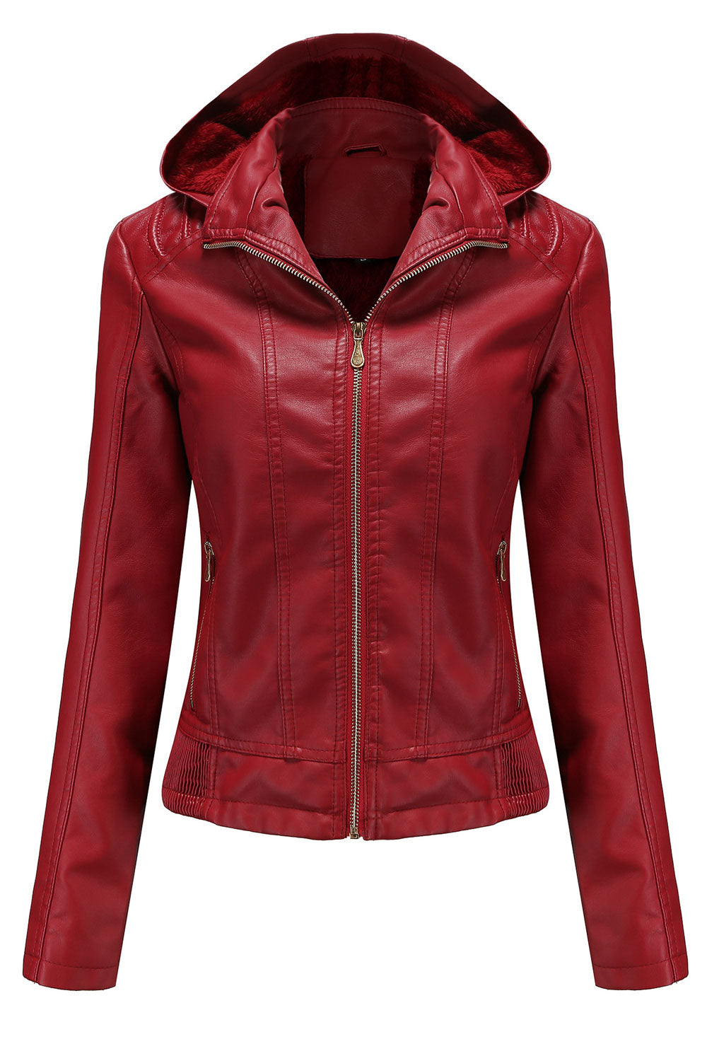 Women Captive Hooded Collar Neck Zippered Fastener & Side Zippered Pocket Slim Warm Winter Leather Jacket