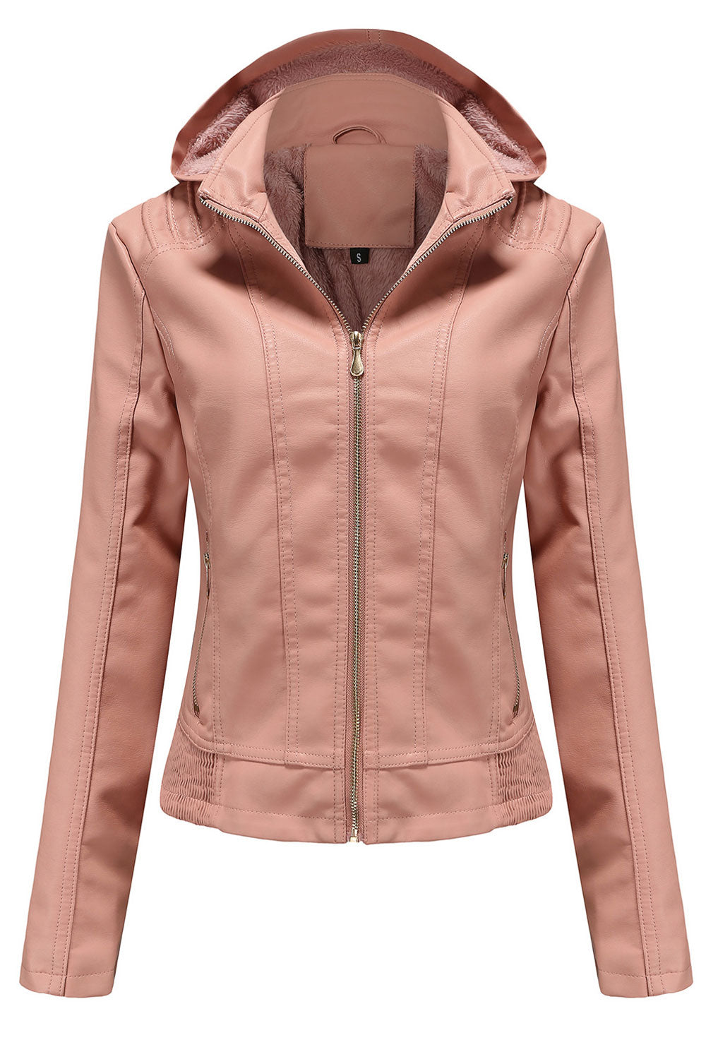 Women Captive Hooded Collar Neck Zippered Fastener & Side Zippered Pocket Slim Warm Winter Leather Jacket