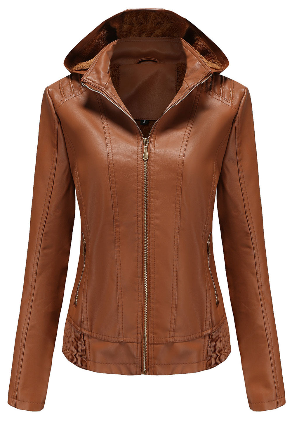 Women Captive Hooded Collar Neck Zippered Fastener & Side Zippered Pocket Slim Warm Winter Leather Jacket