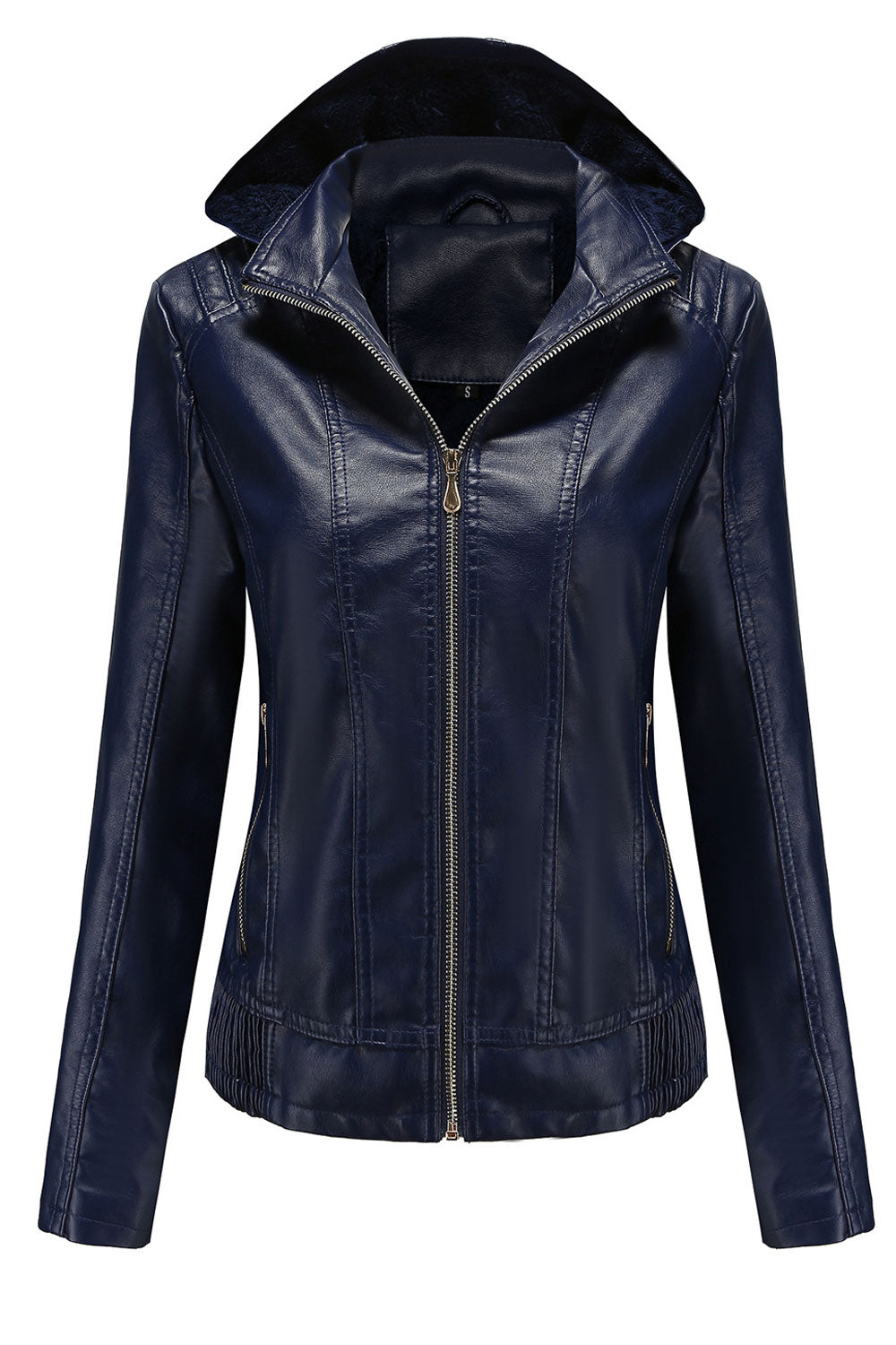Women Captive Hooded Collar Neck Zippered Fastener & Side Zippered Pocket Slim Warm Winter Leather Jacket