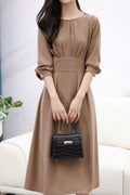 Women Solid Colored Long Sleeve Round Neck Thin Material Dress