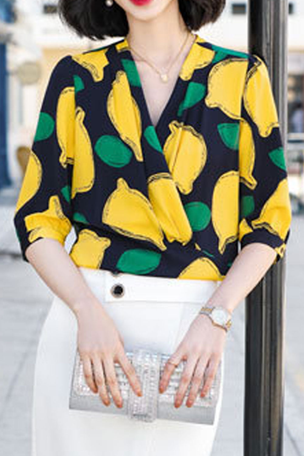 Women V-Neck Style Lemon Printed Half Sleeve Shirt