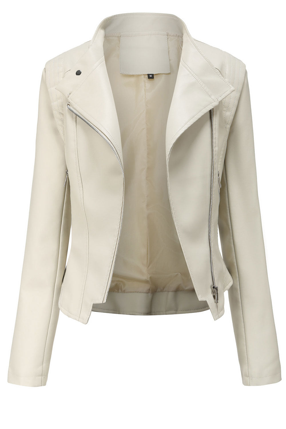 Women Enticing Lapel Collar Neck Loose Zipper Side Zippered Pocket & Cross Zippered Fastener Comfy Winter Leather Jacket