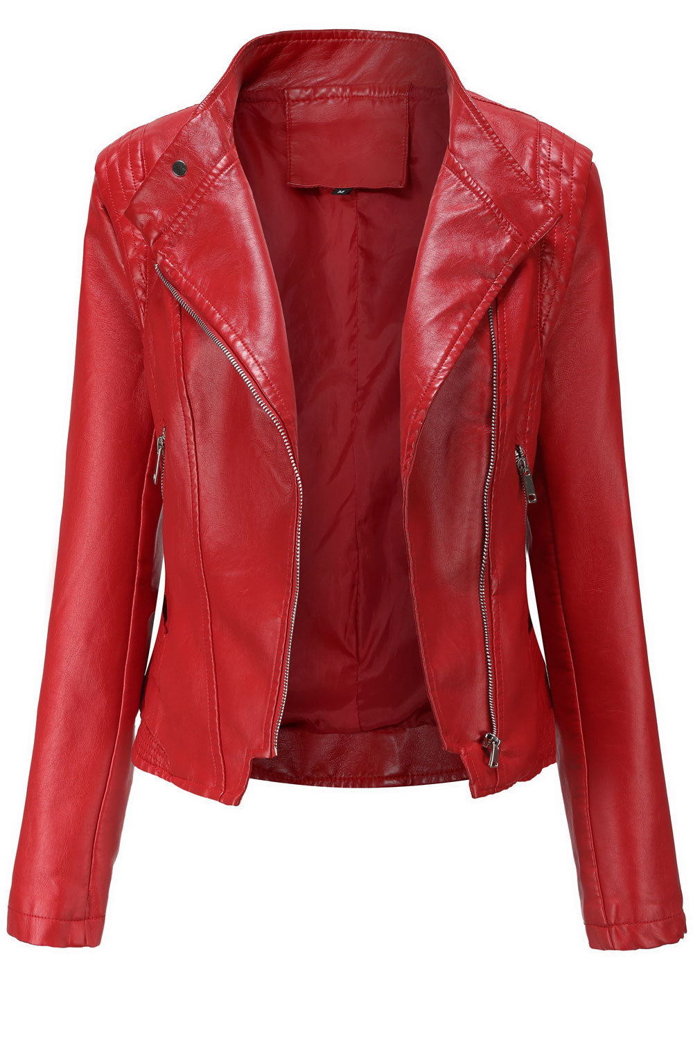 Women Enticing Lapel Collar Neck Loose Zipper Side Zippered Pocket & Cross Zippered Fastener Comfy Winter Leather Jacket