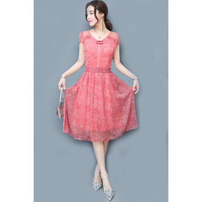 Women Stylish Look Chiffon Lace Party Dress Pink