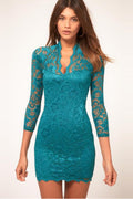 Women Lace Up V-Neck Quarter Sleeve Body Fitted Dress