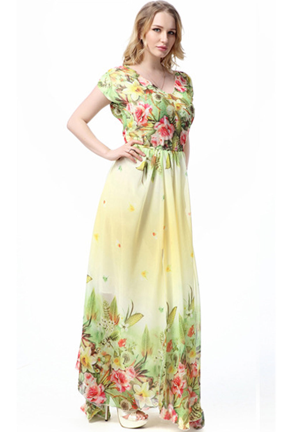 Women Flower Blossom Short Sleeve Maxi Dress
