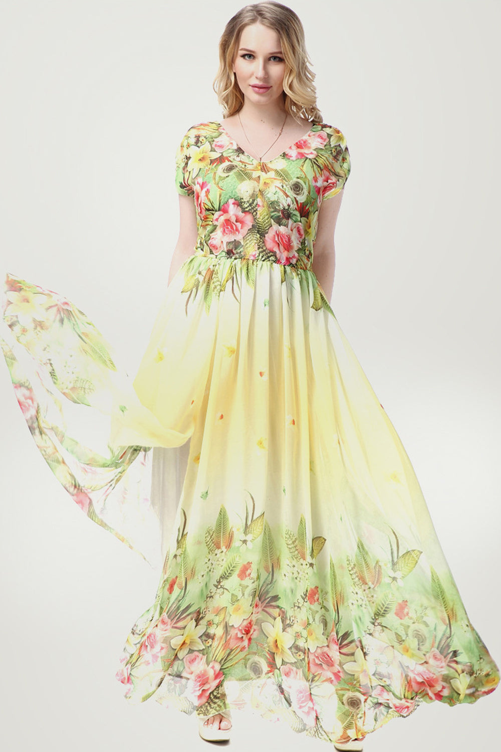 Women Flower Blossom Short Sleeve Maxi Dress
