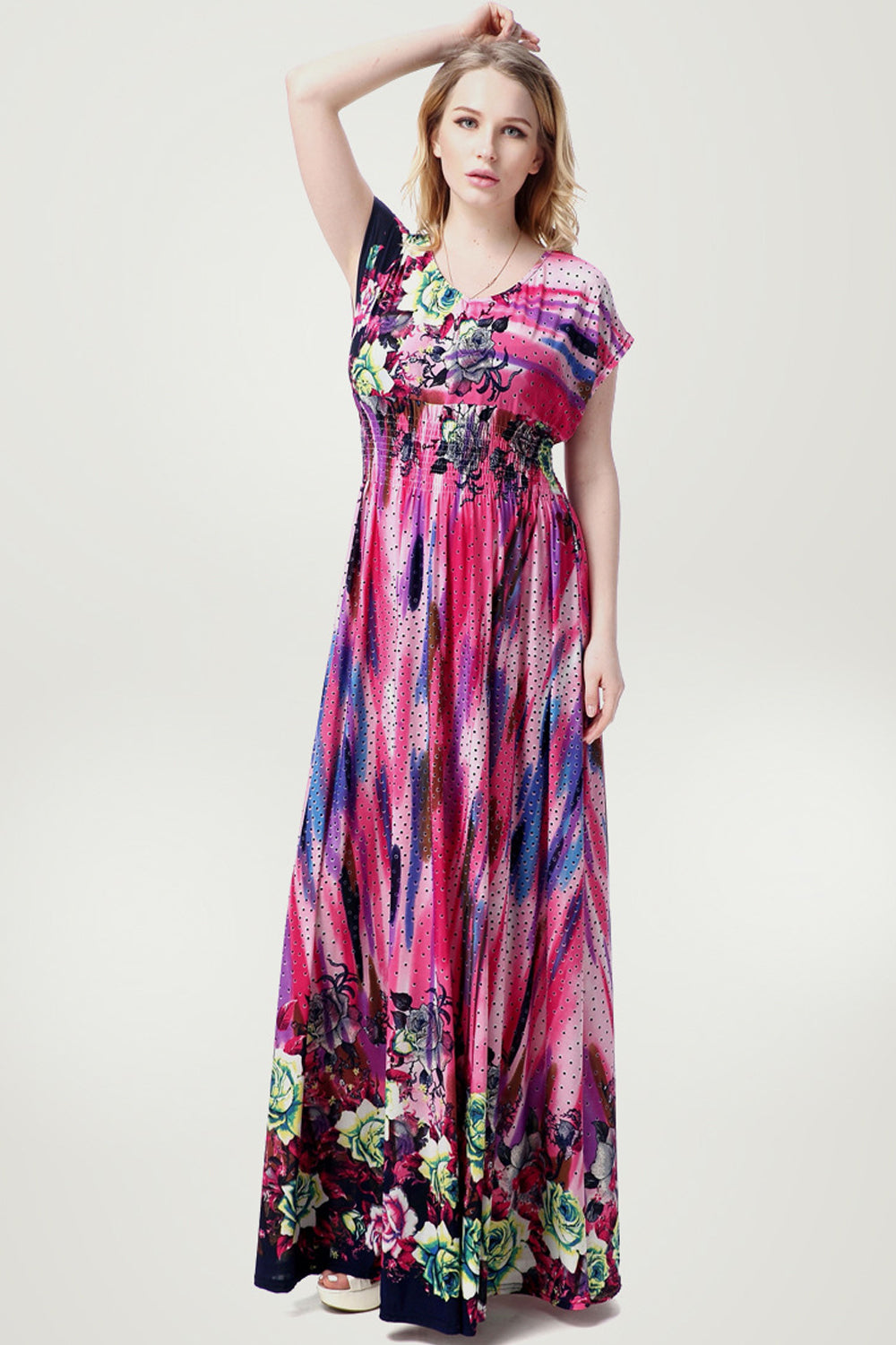 WOMEN FLORAL PRINTED MAXI STYLE PLUS SIZE GOWN DRESS PURPLE