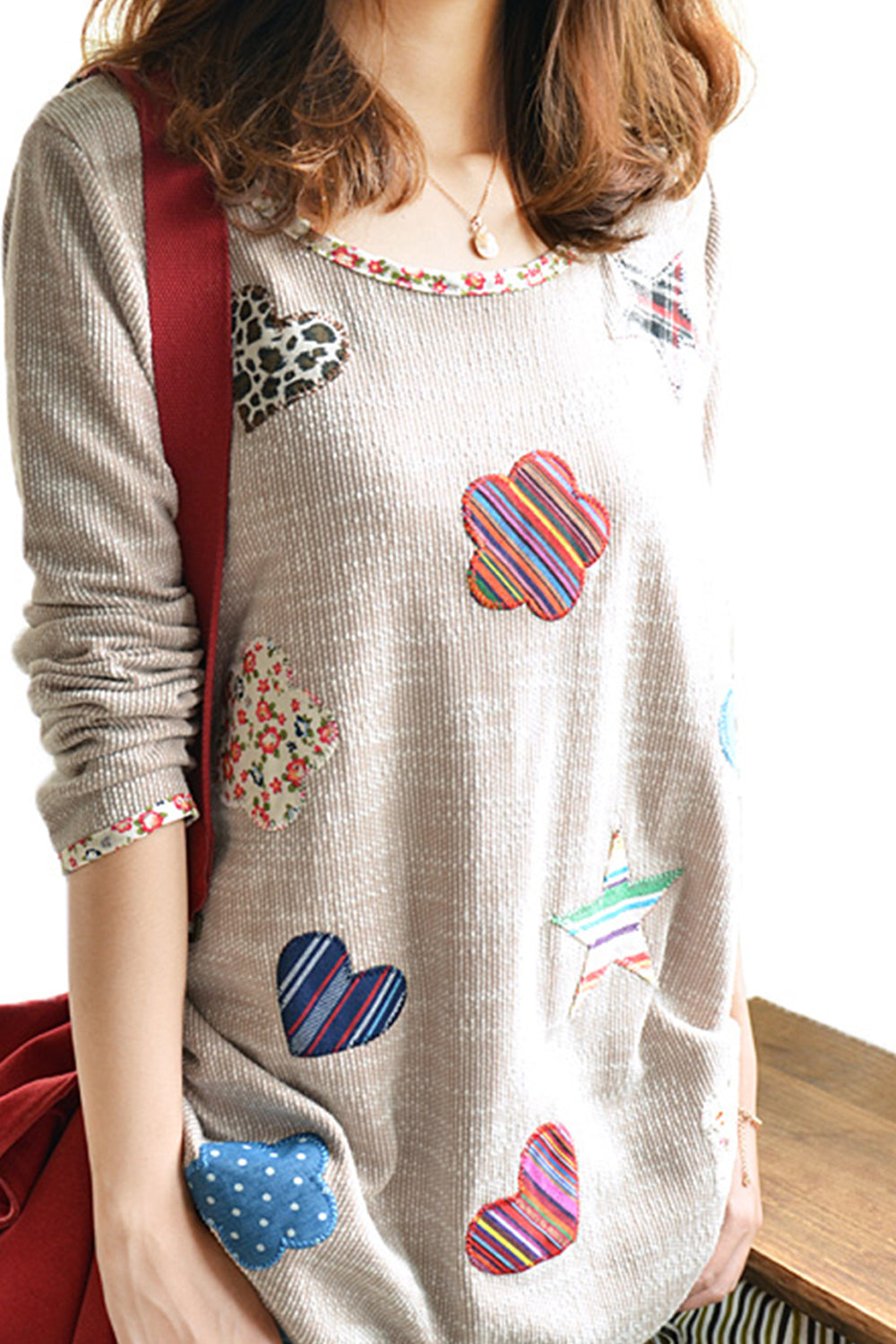 Women Solid Patten Long Sleeves Shirt Decorated with patches