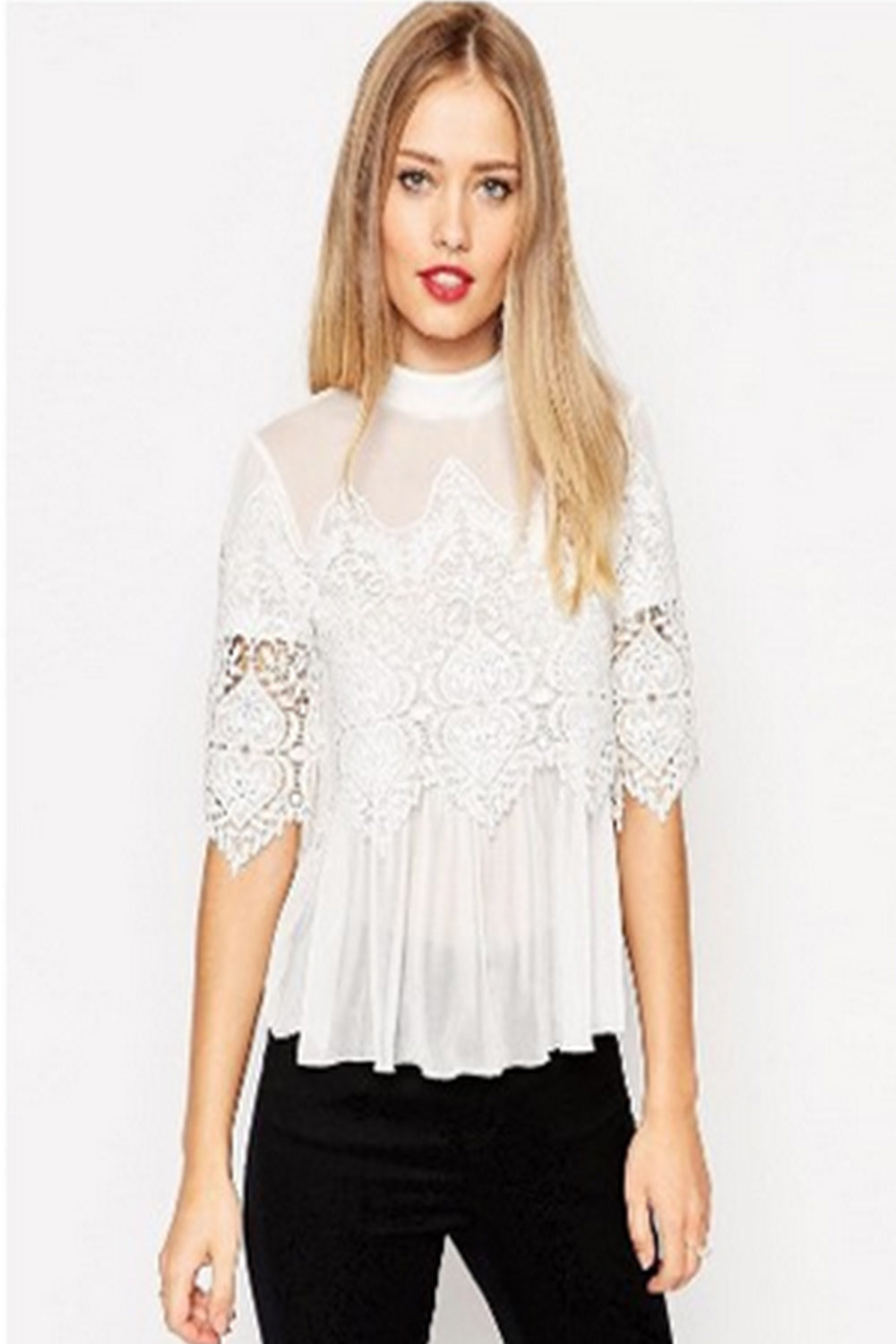Women Designing Bust High Neck Lace Top White