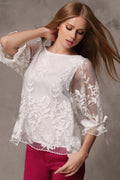 Women Rounded Lace Neck Casual Chiffon Blouse White