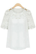 Women Lace Decorated Neck Short Sleeves Blouse White