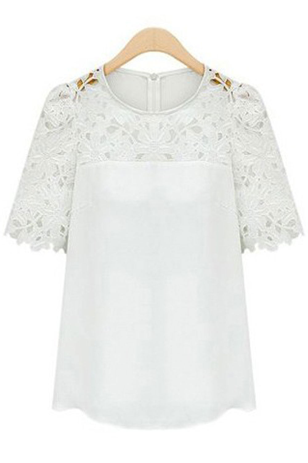 Women Lace Decorated Neck Short Sleeves Blouse White