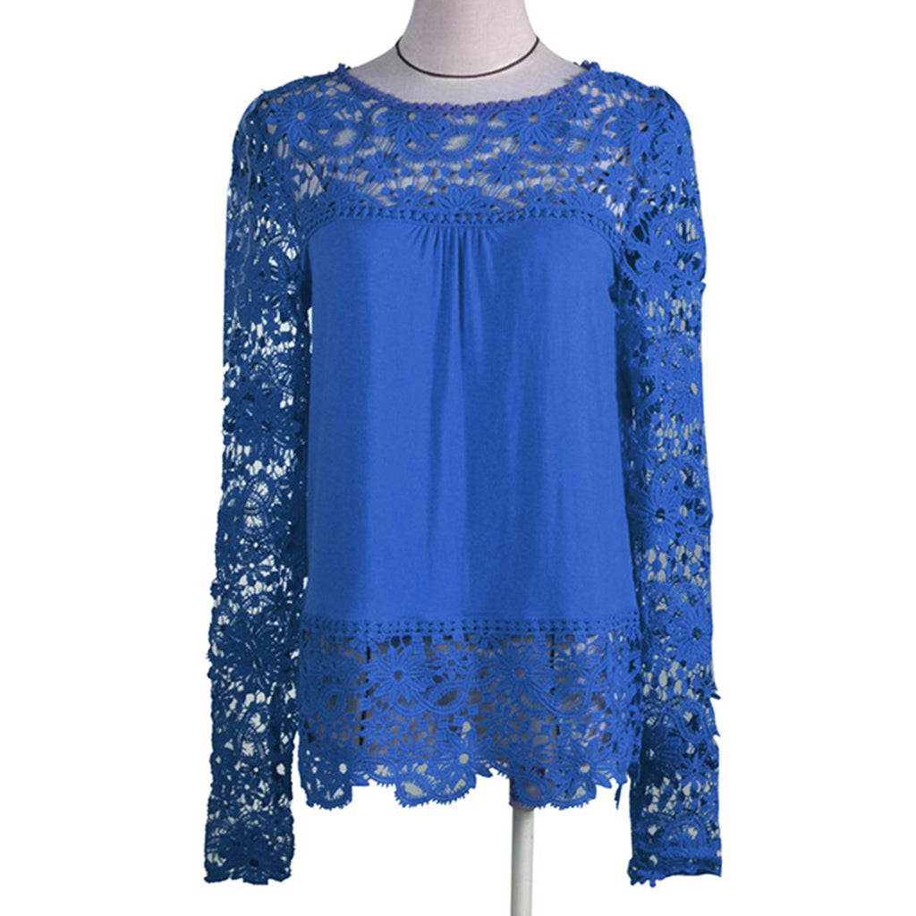Women's Hollow Lace Long Sleeve Chiffon Blouses Shirts