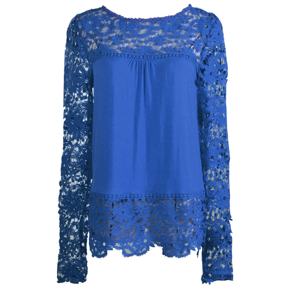 Women's Hollow Lace Long Sleeve Chiffon Blouses Shirts