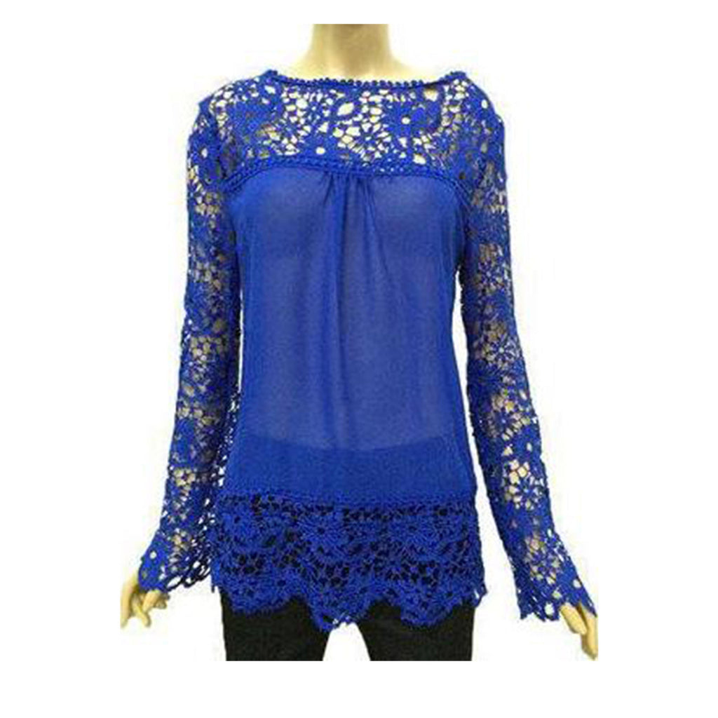 Women's Hollow Lace Long Sleeve Chiffon Blouses Shirts