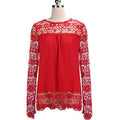 Women Round Neck Lace Trim Long Sleeves Blouse Red
