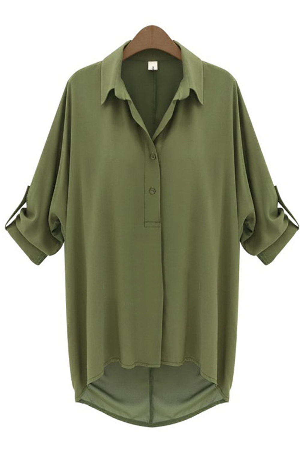 Women Collar Neck Folded Cuff Casual Shirt Army Green