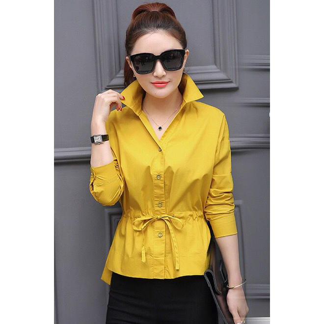 Women Collar Neck Elasticated Waist Button Closure Shirt Yellow