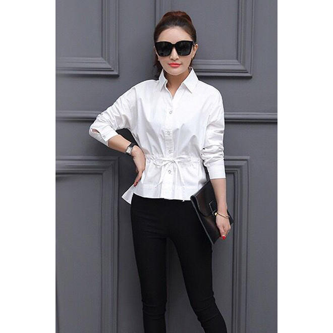 Women Collar Neck Elasticated Waist Button Closure Shirt White