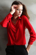 Women Collar Neck Formal Long Sleeve Nylon Shirt Red