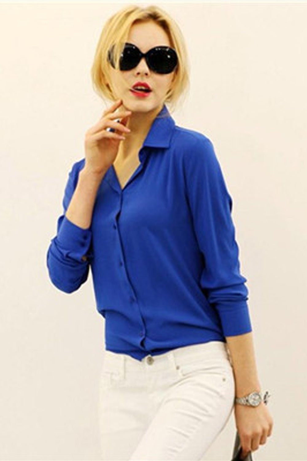 Women Collar Neck Formal Wear Shirt Blue