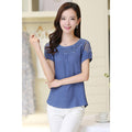 Women Wear Lace Summer Lace Decorated Blouse Blue