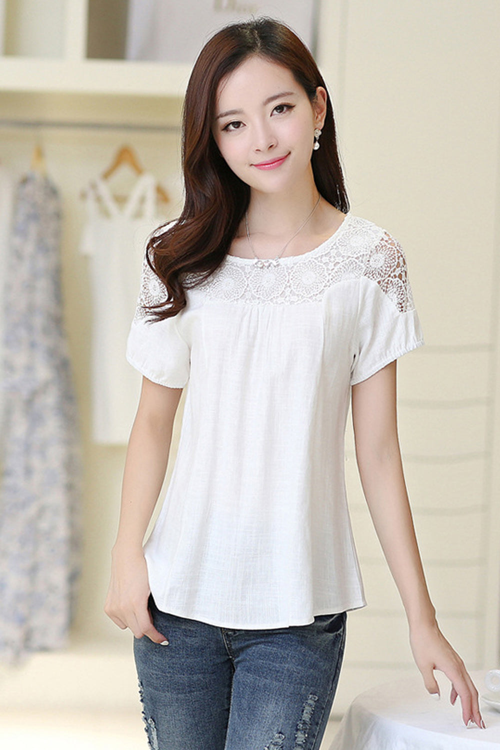 Women Evening Wear Short Sleeves Lace Shirt White