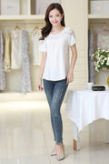 Women Evening Wear Short Sleeves Lace Shirt White