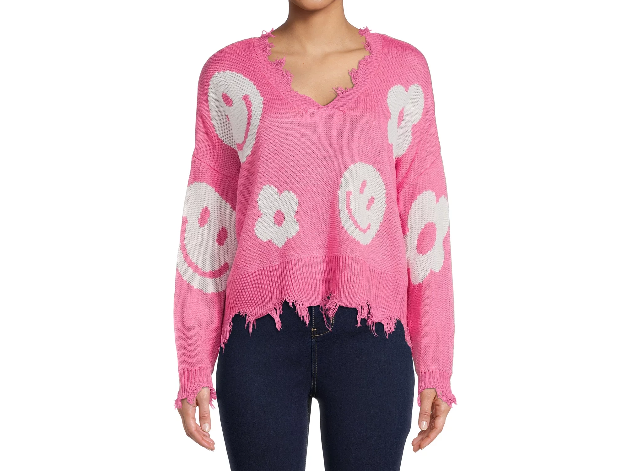 Juniors Frayed Hem Skimmer Midweight Sweater