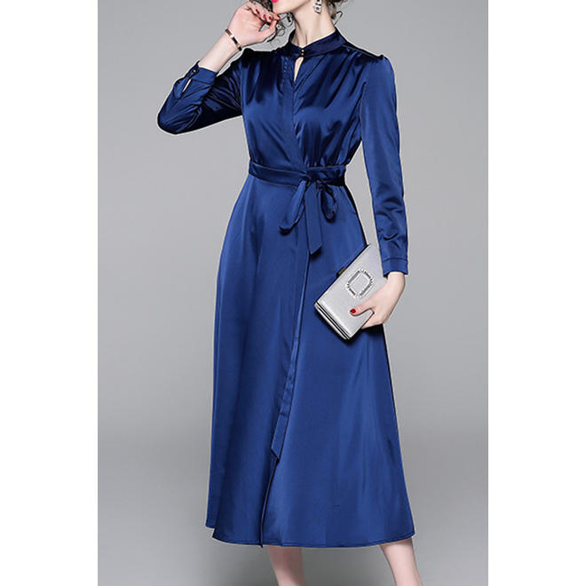 Women Tremendous Round Neck Long Sleeve Solid Colored Casual Dress