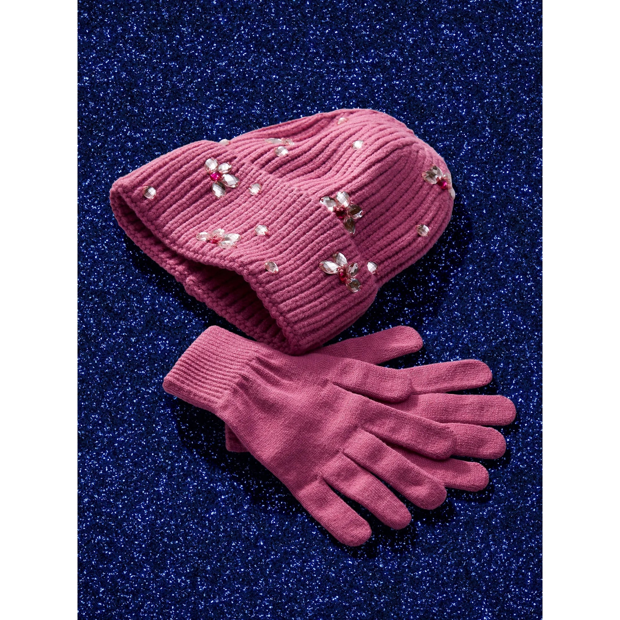 Women's Cuffed Beanie With Rhinestones And Magic Gloves, 2-Piece Gift Set Black - ZB052