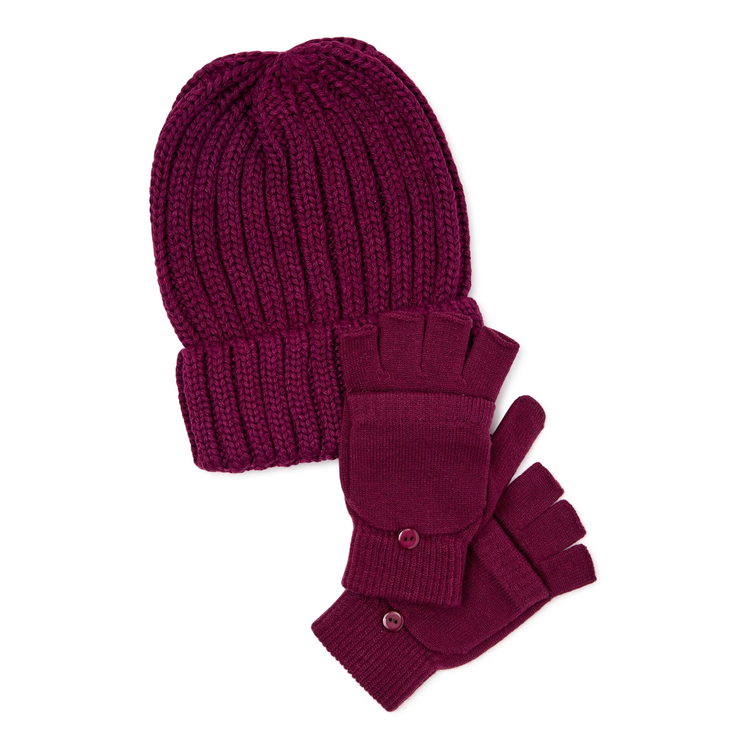 Women’s Ribbed Beanie and Pop Top Glove Set