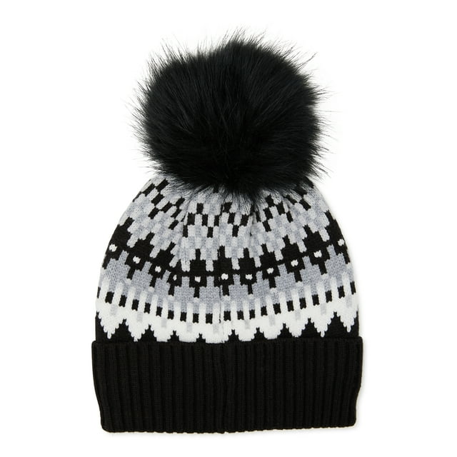 Women’s Fair Isle Knit Beanie Hat with Pom Pom