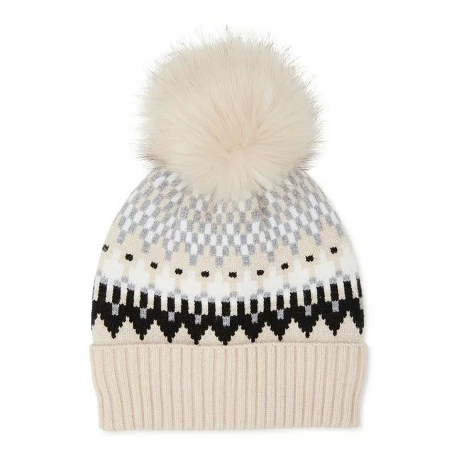 Women’s Fair Isle Knit Beanie Hat with Pom Pom