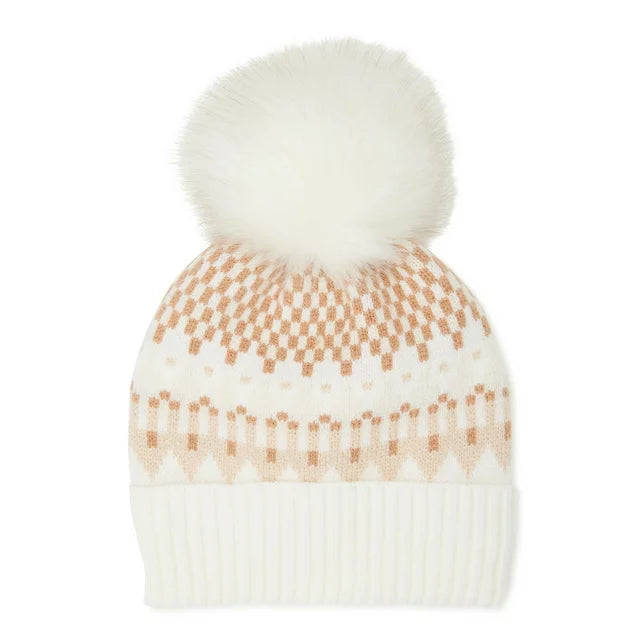 Women’s Fair Isle Knit Beanie Hat with Pom Pom