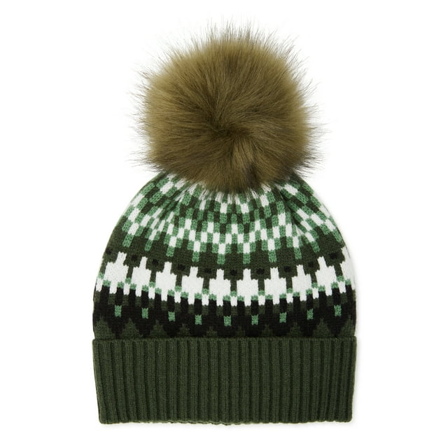 Women’s Fair Isle Knit Beanie Hat with Pom Pom