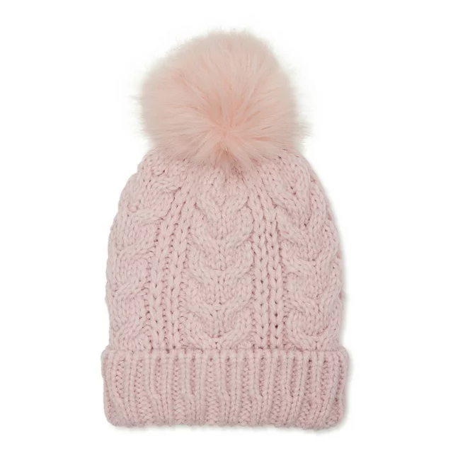Women’s Cable Knit Lined Beanie Hat with Pom Pom