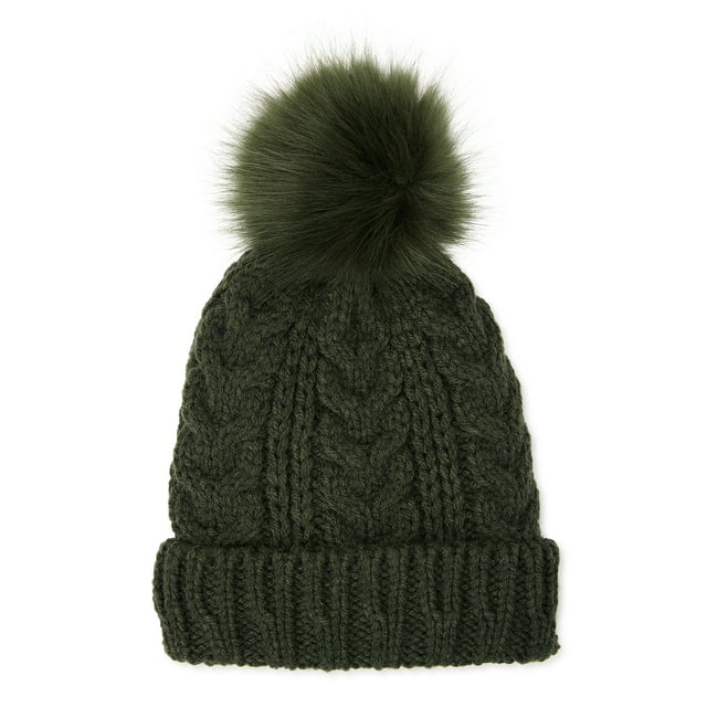 Women’s Cable Knit Lined Beanie Hat with Pom Pom