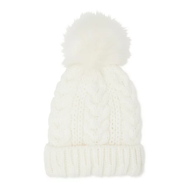 Women’s Cable Knit Lined Beanie Hat with Pom Pom