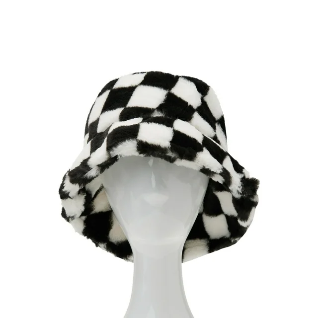Women's Faux Fur Check Bucket Hat