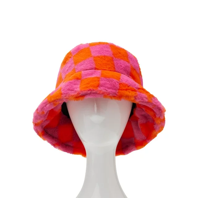 Women's Faux Fur Check Bucket Hat