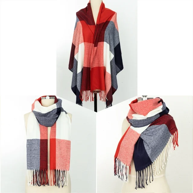 Womens Fashion Scarves Warm Winter Fringed Blanket Plaid Long Wrap Shawls Scarfs