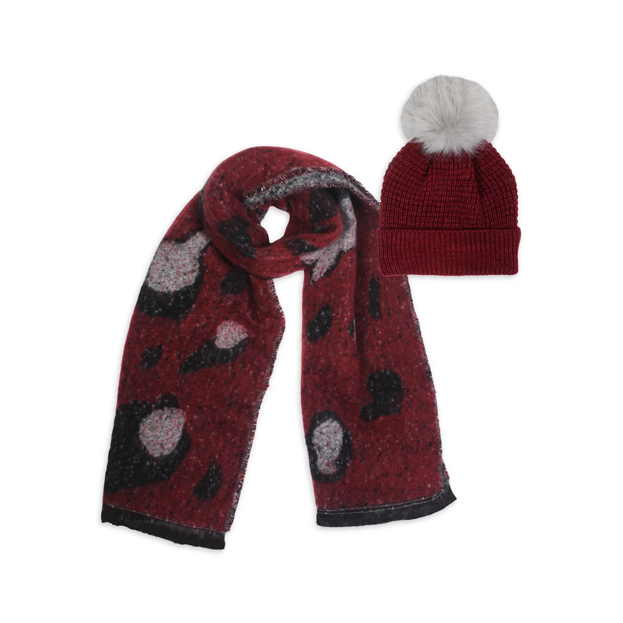 Women's Oversized Scarf with Noodle Fringe and Waffle Beanie with Faux Fur